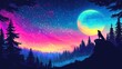 © baehaqi - Digital illustration of a wolf howling at the moon, framed by trees against a colorful starry sky