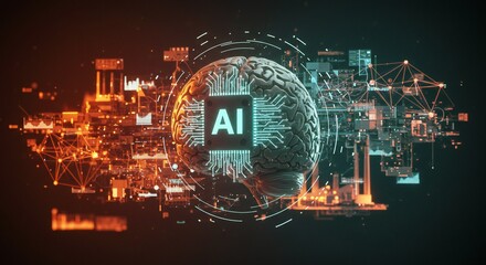 Digital artwork of a brain with 'AI' in the center, surrounded by glowing data visualizations and connected circuitry. Emphasizes a futuristic, technological theme with dark background