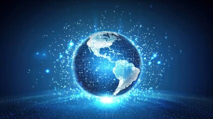 Wall Mural - A stylized Earth globe, rendered in a digital, network-like style, is encircled by glowing particles against a dark blue backdrop.  The effect evokes themes of global connectivity and data flow