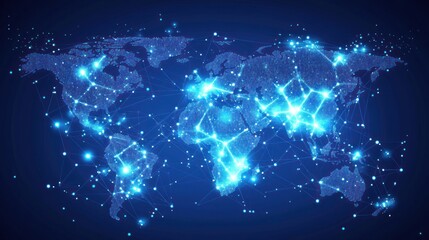 Wall Mural - A stylized world map rendered in glowing blue lines, nodes, and points, depicting a network of connections across continents