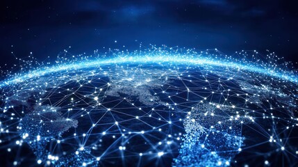 Wall Mural - A stylized digital rendering of Earth, enveloped by a luminous network of interconnected nodes, symbolizing global connectivity and data flow