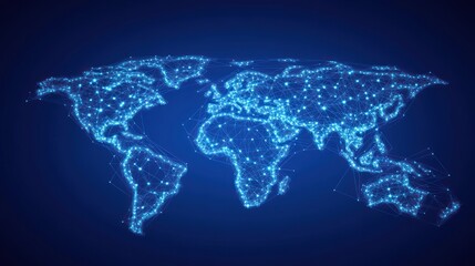 Wall Mural - An abstract world map, rendered as a constellation of interconnected nodes and lines, against a dark blue background.  The style suggests global connectivity