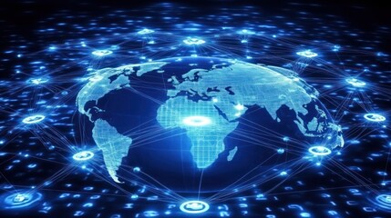 a glowing blue illustration of planet earth connected to a network of digital nodes
