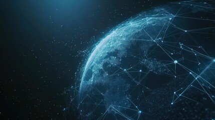 Wall Mural - Digital globe, interconnected network, orbiting, space background, blue shades