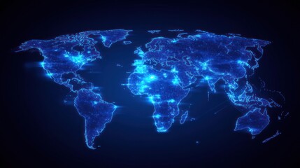 Wall Mural - A digital, glowing blue depiction of Earth's continents, highlighting urban areas