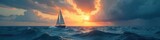 A lone sailboat braves a stormy sea under a dramatic sky, embodying courage and the thrill of exploration , sail, grey, sea
