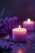 © Chanya2498 - Relaxing lavender candlelight illuminates a tranquil scene, perfect for aromatherapy, spa, or meditation Soft purple hues create a calming atmosphere , candlelight, detail, bathroom