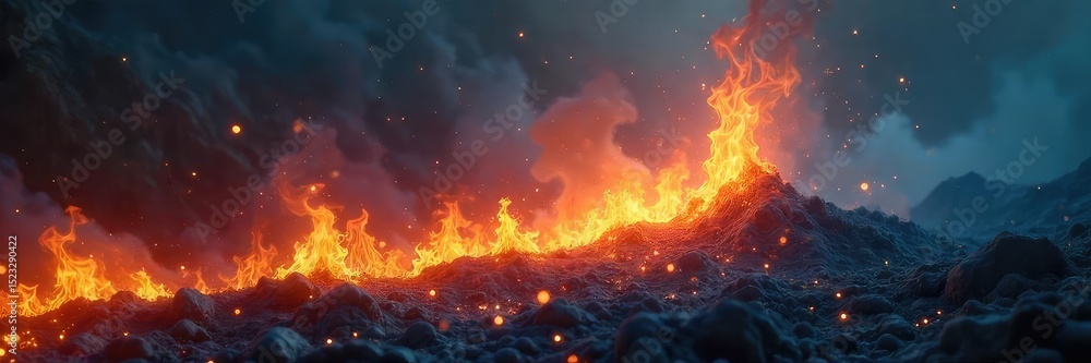 Ethereal flames dance across a mystical landscape, burning with an ...