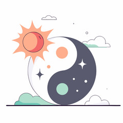 Wall Mural - A sun and moon symbol is drawn on a white background. The sun is a bright orange ball, and the moon is a large white circle