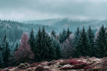 Foggy Forest Landscape with Coniferous Trees