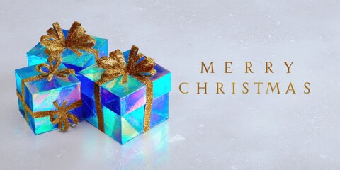 Wall Mural - Three blue gift boxes with gold bows arranged on a white background in bright daylight.