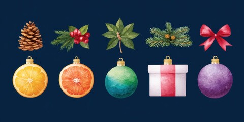 Wall Mural - Colorful Christmas decorations arranged on a vibrant blue background, perfect for holiday-themed designs.