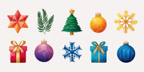 Wall Mural - Close-up of assorted colorful Christmas decorations arranged on a white surface, bright holiday accents.
