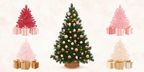 Wall Mural - Four decorated Christmas trees with wrapped presents on a white background, festive holiday setup.