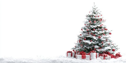 Wall Mural - Christmas tree decorated with ornaments and gifts covered in snow outdoors during daytime winter.