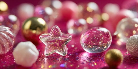 Wall Mural - Colorful assorted ornaments scattered on a smooth pink surface with soft lighting.