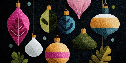 Wall Mural - Colorful ornaments hanging from strings against a bright background, perfect for festive and decorative themes.