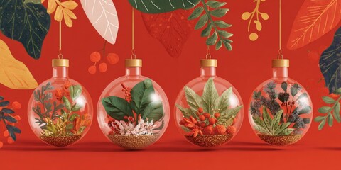 Wall Mural - Three transparent glass Christmas ornaments filled with green plants and leaves on a white background.