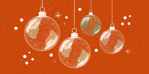 Wall Mural - Three festive Christmas ornaments hanging on a string against a vibrant red background.