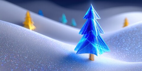 Poster - Blue Christmas tree stands alone in a snowy field under a clear winter sky during daytime.