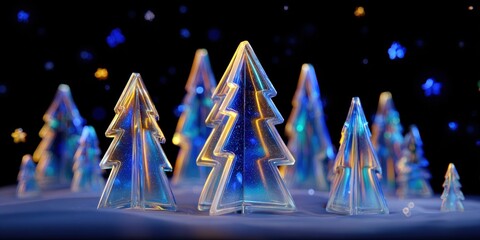 Wall Mural - Multiple small glass Christmas trees displayed on a wooden table with soft natural lighting.