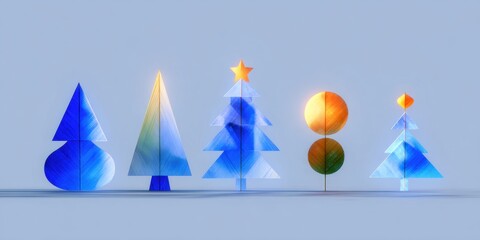 Wall Mural - Vibrant multicolored trees lined up on a white snowy surface under bright daylight.