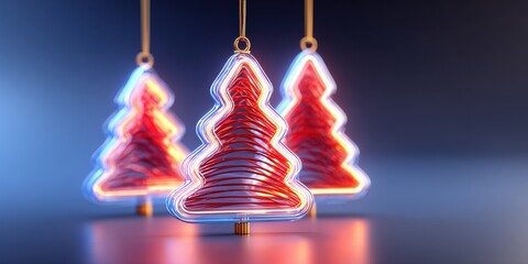 Wall Mural - Three green Christmas trees hanging by strings against a solid blue background, festive holiday decor.