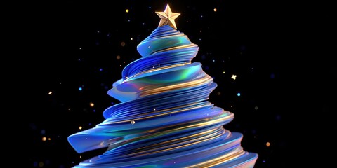 Wall Mural - Decorative Christmas tree crafted from blue and gold ribbons topped with a gold star on a white background.