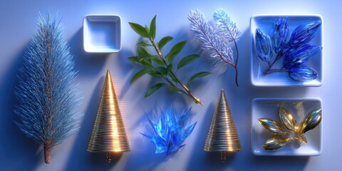 Wall Mural - Five distinct Christmas decorations arranged on a vibrant blue surface, showcasing festive holiday colors.