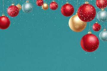 Wall Mural - colorful christmas balls hanging on string against blue background, festive decorations for holiday 