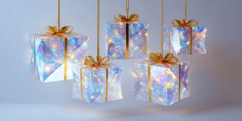 Wall Mural - Five colorful gift boxes with gold ribbons hanging from a string against a white background.