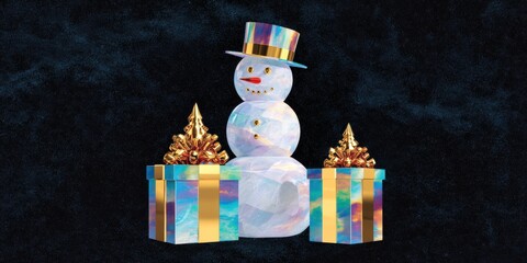 Wall Mural - Small snowman sitting on a red gift box with a snowy background, winter holiday decoration.