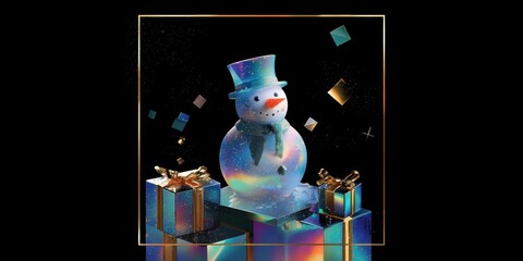 Wall Mural - Snowman standing on colorful wrapped gifts against a snowy background, bright winter daylight scene.