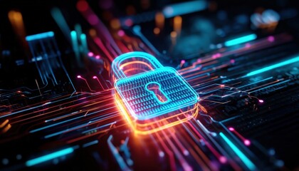 Aufkleber - Futuristic digital padlock glows on a circuit board, symbolizing cybersecurity and data protection