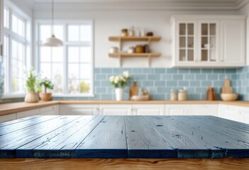 Aufkleber - Empty blue wooden table in a blurred bright kitchen with white cabinets and blue tiles, perfect for product placement