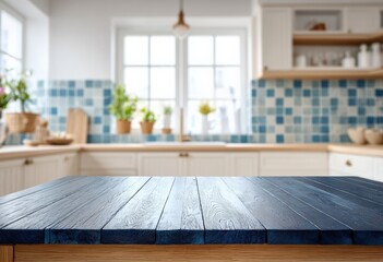 Aufkleber - Empty blue wooden table perfect for displaying products with a blurred kitchen in the background