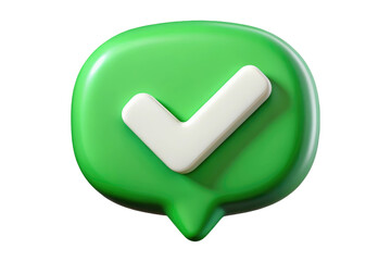 Wall Mural - 3D Green Speech Bubble with White Check Mark Icon for Confirmation, Approval or Success Message 3d icon in cartoon plastic style minimal isolated on transparent white background, clipping path