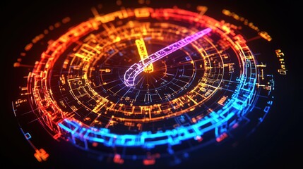 Wall Mural - glowing circular abstract tech display with clock hands on a dark background, with orange and blue c