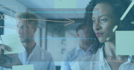Wall Mural - image of data processing against african american woman sticking memo notes at office