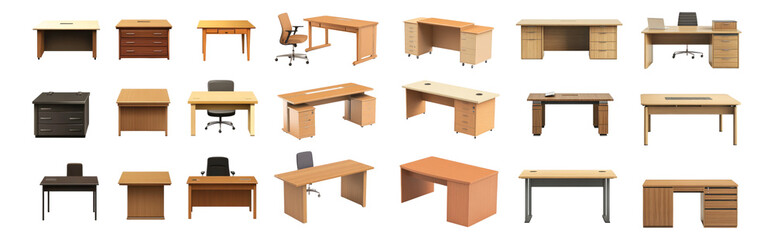 Collection of Diverse Desk Designs for Home and Office Use, Isolated on Transparent, white background