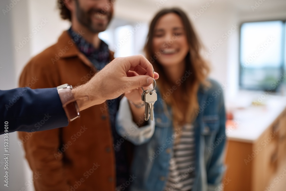 Real estate agent holding house keys in front of a young couple inside ...