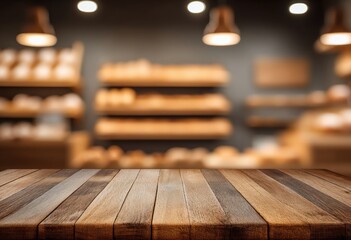 Aufkleber - Empty wooden table top with blurred bakery background provides ideal space for product placement and display