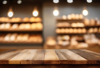Aufkleber - Empty wooden table positioned in front of a softly blurred bakery background, perfect for showcasing products and enhancing displays
