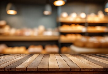 Aufkleber - Wooden table providing an ideal surface for product displays, set against a softly blurred bakery background filled with delightful pastries