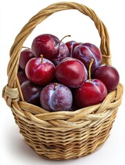 Poster - Basket Full Of Fresh Plums on White Backdrop, Representing Healthy Eating and Seasonal Harvest : Generative AI