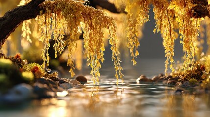 Poster - Golden Weeping Willow Branches Over Water, Evoking Serenity and Natural Beauty for Wellness Retreats and Peaceful Getaways : Generative AI