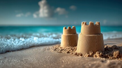 Poster - Sandcastles on Beach with Ocean Waves, Representing Summer Vacation and Childhood Memories, Perfect for Travel and Tourism Marketing : Generative AI