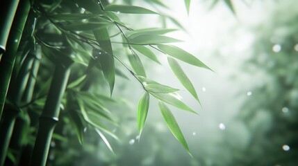 Poster - Lush Green Bamboo Forest With Soft Lighting, Representing Tranquility and Spa Wellness, Ideal for Nature Conservation and Environmental Awareness Campaigns : Generative AI