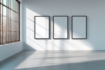 Aufkleber - Three Blank Frames on a White Wall in a Bright Room, Ideal for Showcase, Advertising, and Interior Design Mockups : Generative AI