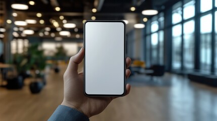 Aufkleber - Hand Holding Blank Smartphone Screen in Modern Office, Representing Mobile Technology and Digital Communication for Business : Generative AI
